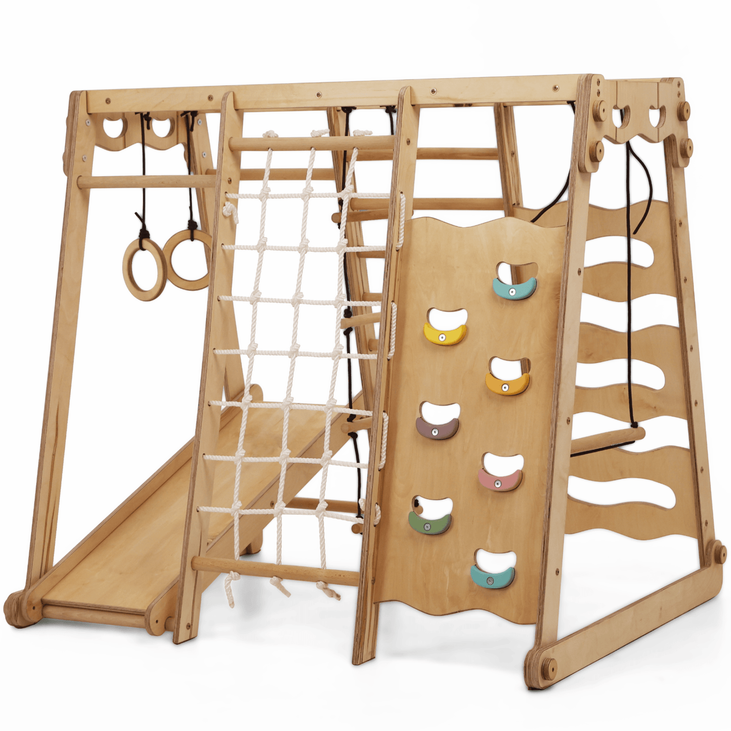 Indoor-Spielplatz 6in1 aus Holz für Kinder –  Schaukel, Rutsche, Seil und Treppe