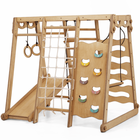Indoor-Spielplatz 6in1 aus Holz für Kinder –  Schaukel, Rutsche, Seil und Treppe