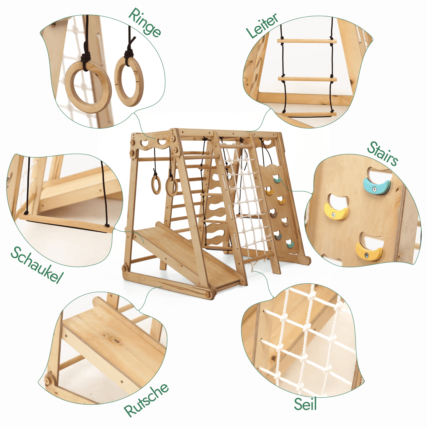 Indoor-Spielplatz 6in1 aus Holz für Kinder –  Schaukel, Rutsche, Seil und Treppe