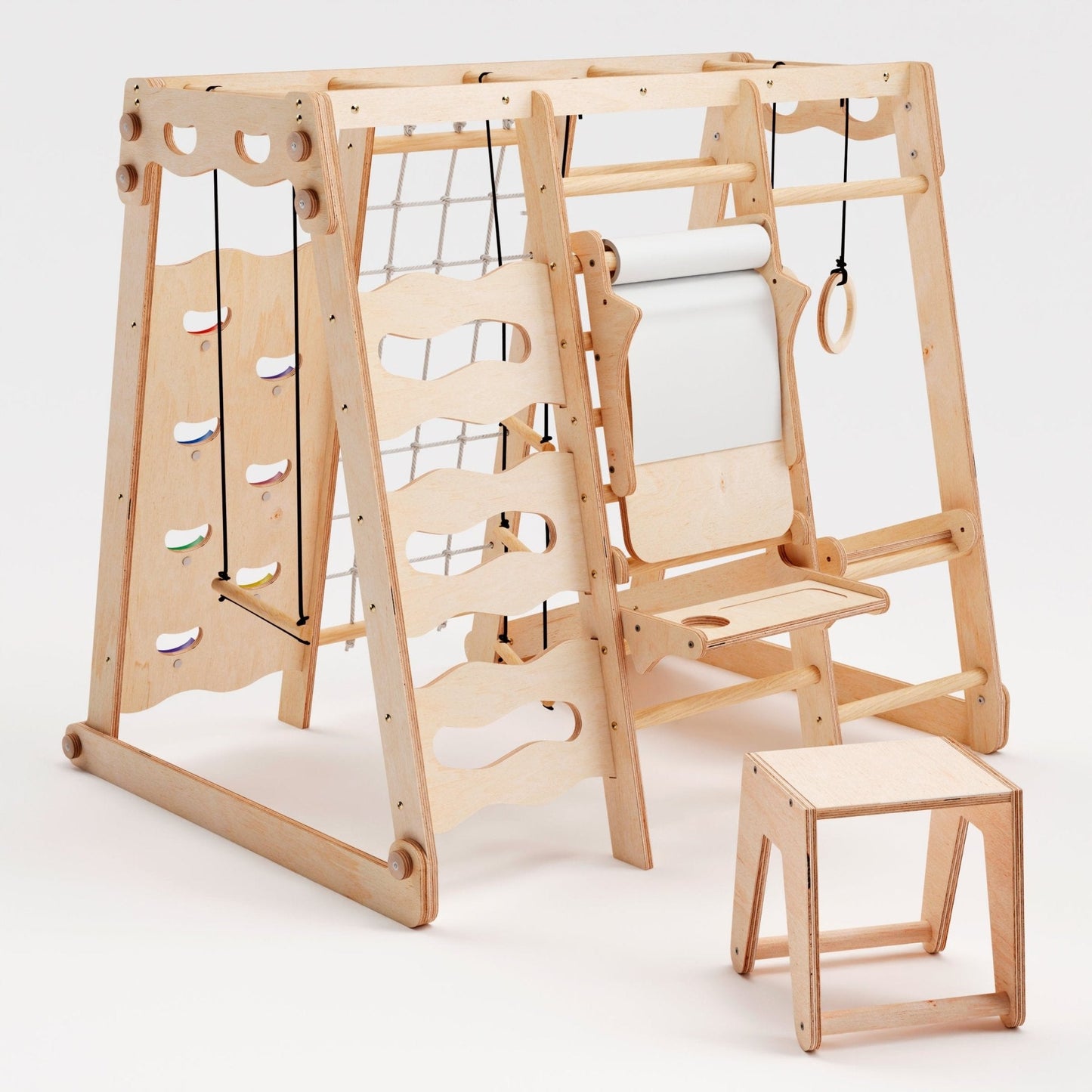 Indoor-Spielplatz 6in1 aus Holz für Kinder –  Schaukel, Rutsche, Seil und Treppe