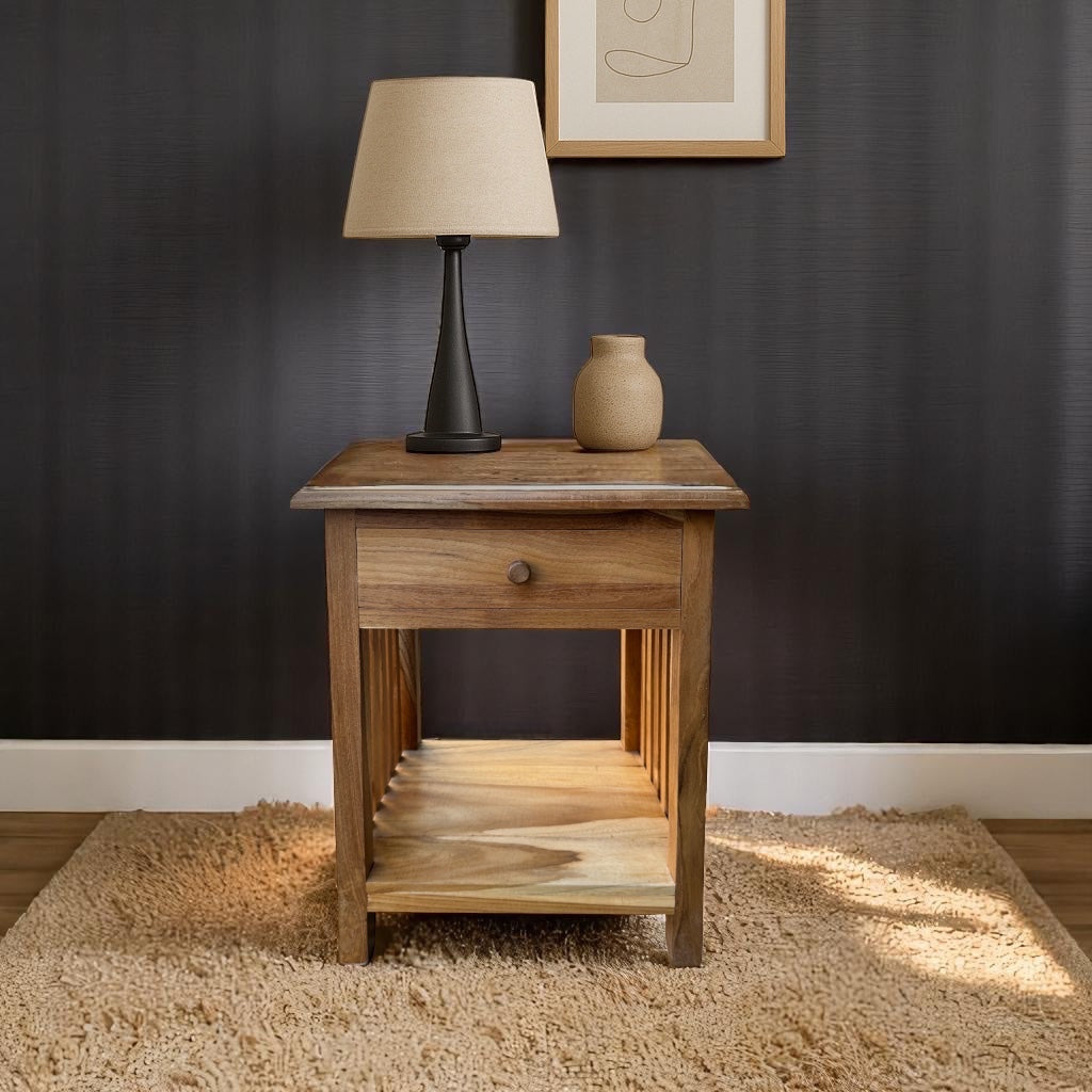Holz Nachtkommode – Beistelltisch Nachttisch Nachtschrank – Vintage-Look aus massiven Teakholz - 50x40x30 cm