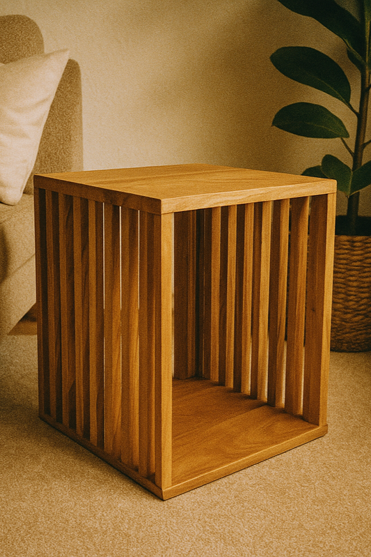 Teakholz-Beistelltisch - Holzhocker Couchtisch - Handgefertigt aus Massivholz – Holzleisten Würfel - 45x35x40 cm